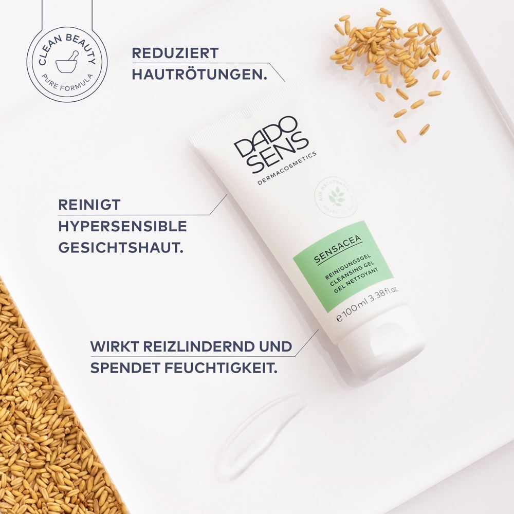 DADO SENS SENSACEA Reinigungsgel Tube mit Hinweisen zu beruhigender und feuchtigkeitsspendender Wirkung.