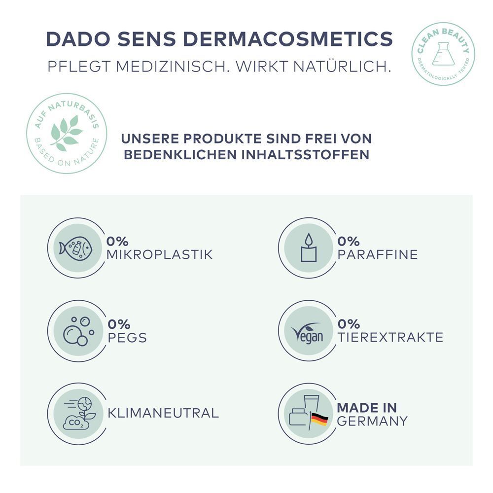 DADO SENS DEMACOSMECTICS Logo und Siegel für 'Clean Beauty', 'Made in Germany' und Inhaltsstoff-Freiheit.