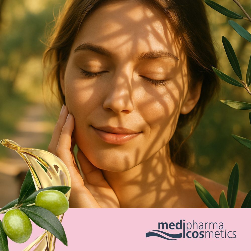 Frau mit geschlossenen Augen, Gesicht von Schatten bedeckt. Olivenzweige und Oliven im Vordergrund. Logo medi-pharma cosmetics.