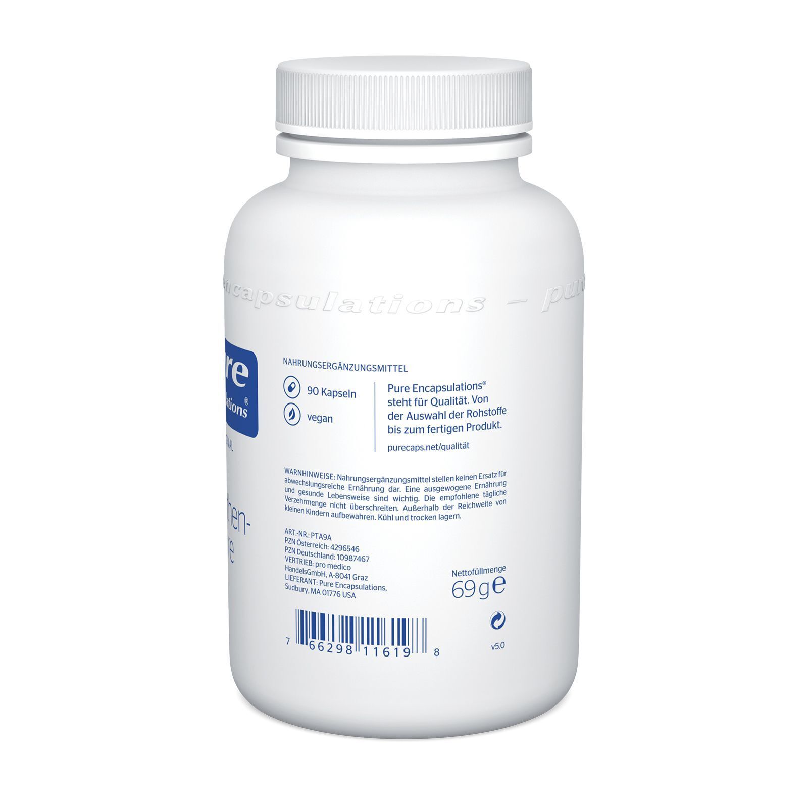 Weiße Flasche mit Schraubverschluss. Rückseite mit Etikett: "pure encapsulations", Text und Barcode.
