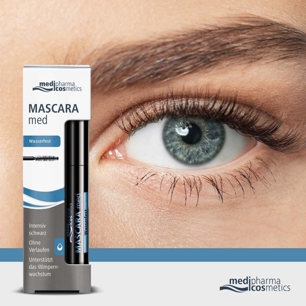 Auge mit Wimpern. Mascara-Tube in Verpackung. Aufschrift: MASCARA med wasserfest. Marke: medipharma cosmetics.