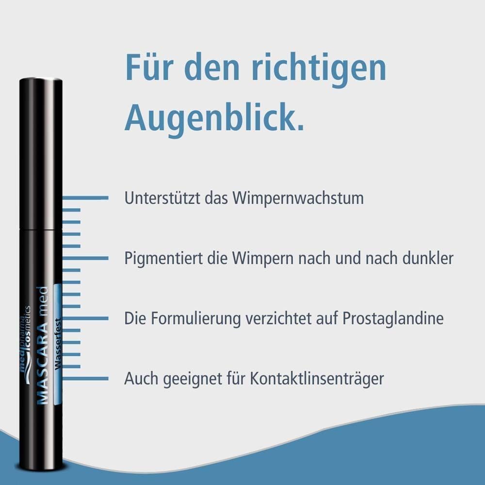 Mascara-Tube. Text: Unterstützt das Wimpernwachstum, pigmentiert die Wimpern dunkler, geeignet für Kontaktlinsenträger.