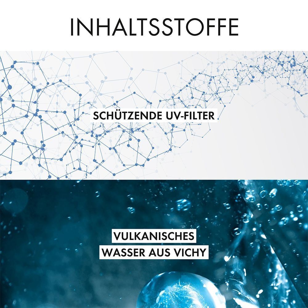 Grafische Darstellung von Inhaltsstoffen. Text: SCHÜTZENDE UV-FILTER und VULKANISCHES WASSER AUS VICHY.