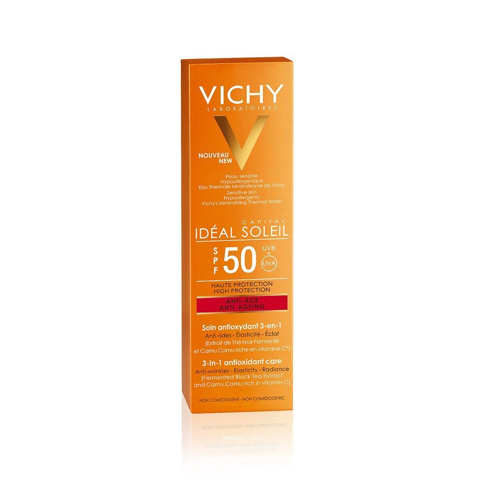 Verpackung von Sonnenschutzmittel. Orangefarbene Schachtel mit Produktinformationen und dem Logo von Vichy.