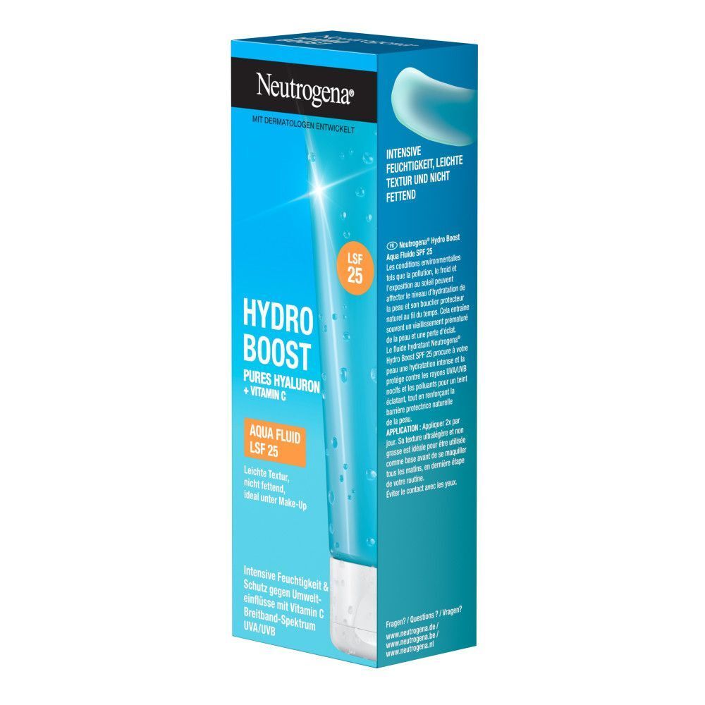 Blaue Schachtel mit Tube. Aufschrift: Hydro Boost Aqua Fluid LSF 25. Produktinformationen und Inhaltsstoffe. Orangefarbener Kreis mit LSF 25.