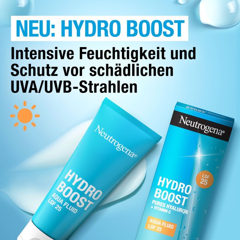 Zwei Tuben und eine Schachtel. Aufschrift: Hydro Boost Aqua Fluid LSF 25. Orangefarbener Kreis mit LSF 25. Text: Intensive Feuchtigkeit und Schutz.