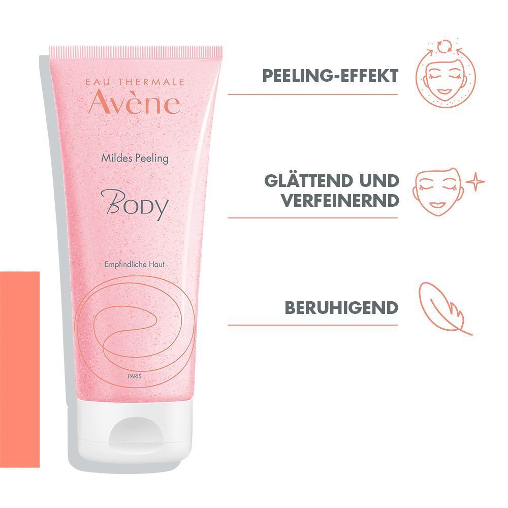 Rosa Tube Peeling-Gel. Text: Eau Thermale Avène, Mildes Peeling, Body, Empfindliche Haut. Icons: Peeling-Effekt, Glättend, Beruhigend.