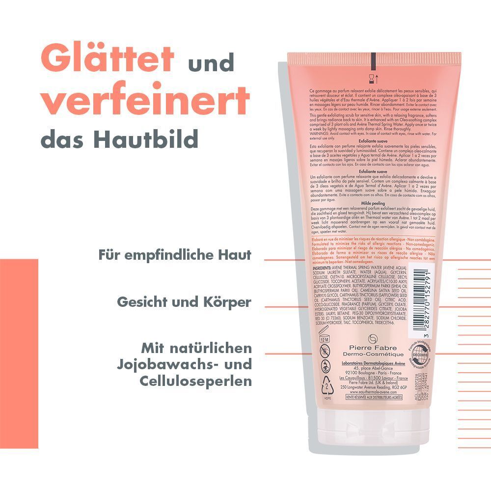 Rückseite der Tube. Text: Glättet und verfeinert das Hautbild, Für empfindliche Haut, Gesicht und Körper, Mit natürlichen Jojobawachs- und Celluloseperlen.