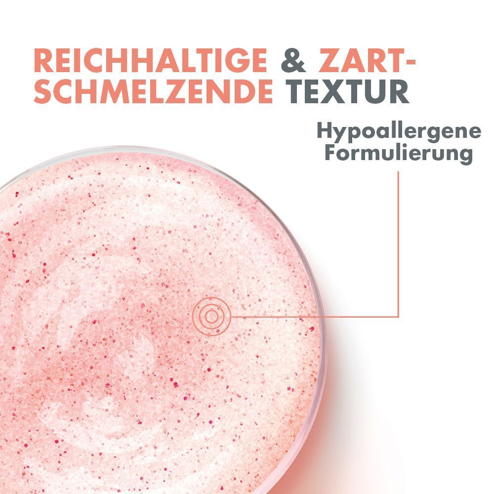 Nahaufnahme des Peeling-Gels. Text: Reichhaltige & zart-schmelzende Textur, Hypoallergene Formulierung.
