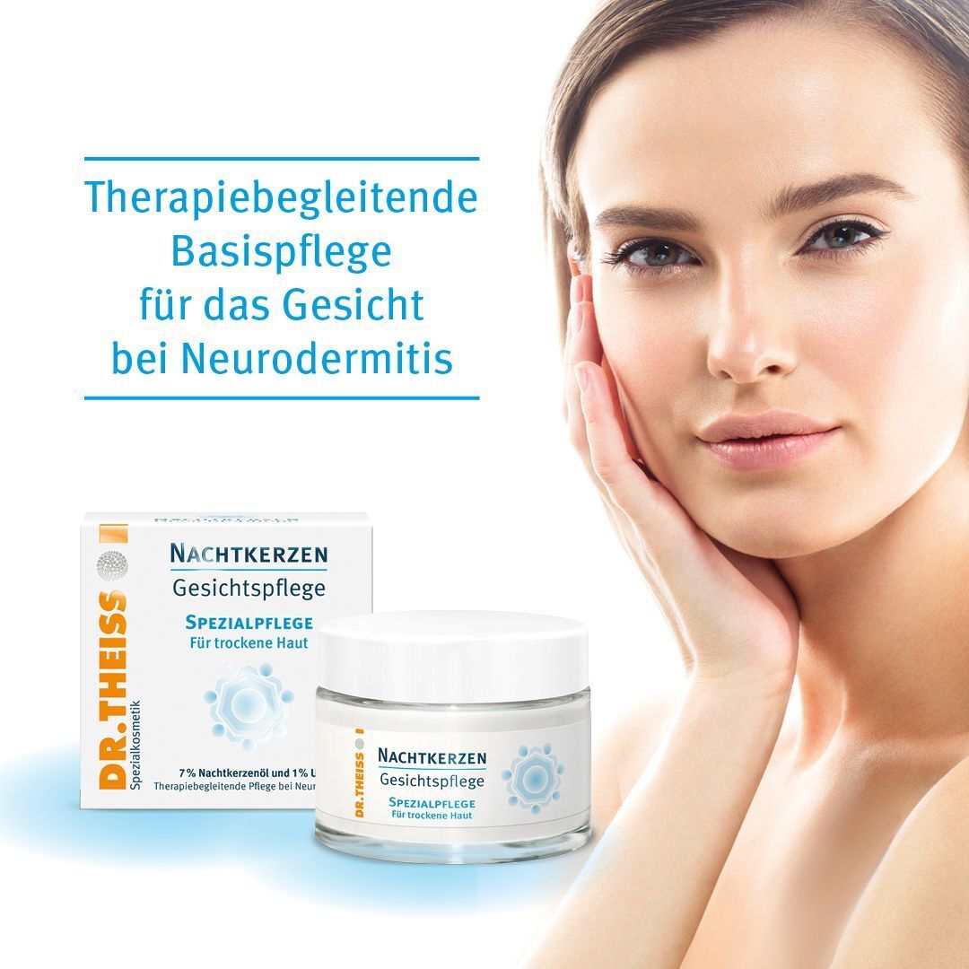 Produkt und Faltschachtel neben einer Frau. Aufschrift: Nachtkerzen Gesichtspflege, Spezialpflege für trockene Haut. Marke: DR. THEISS.
