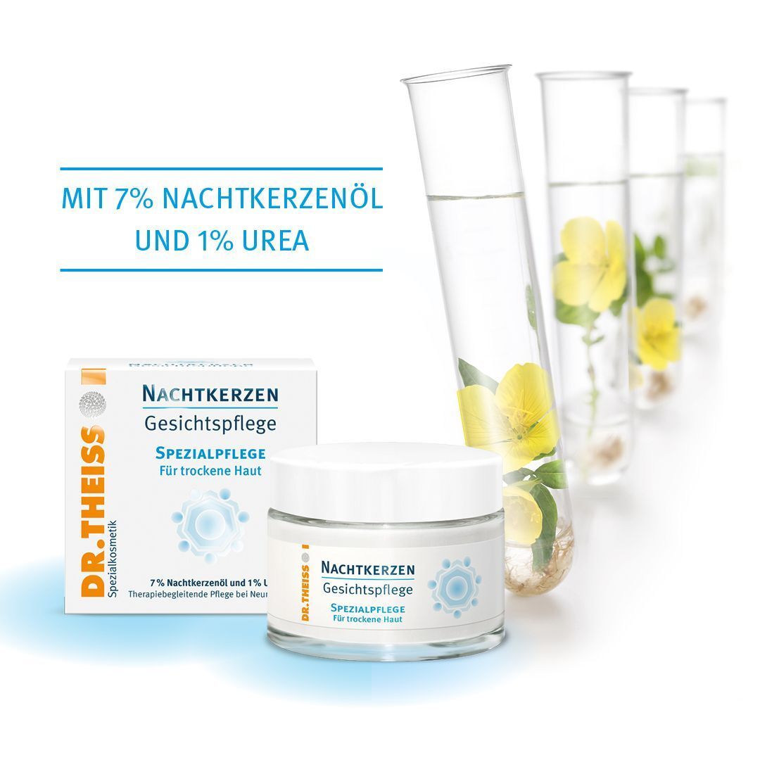 Produkt und Faltschachtel neben Reagenzgläsern mit Pflanzen. Aufschrift: Nachtkerzen Gesichtspflege, Spezialpflege. Marke: DR. THEISS.