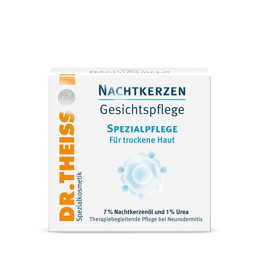 Faltschachtel. Aufschrift: Nachtkerzen Gesichtspflege, Spezialpflege für trockene Haut. Marke: DR. THEISS. Mit 7% Nachtkerzenöl und 1% Urea.