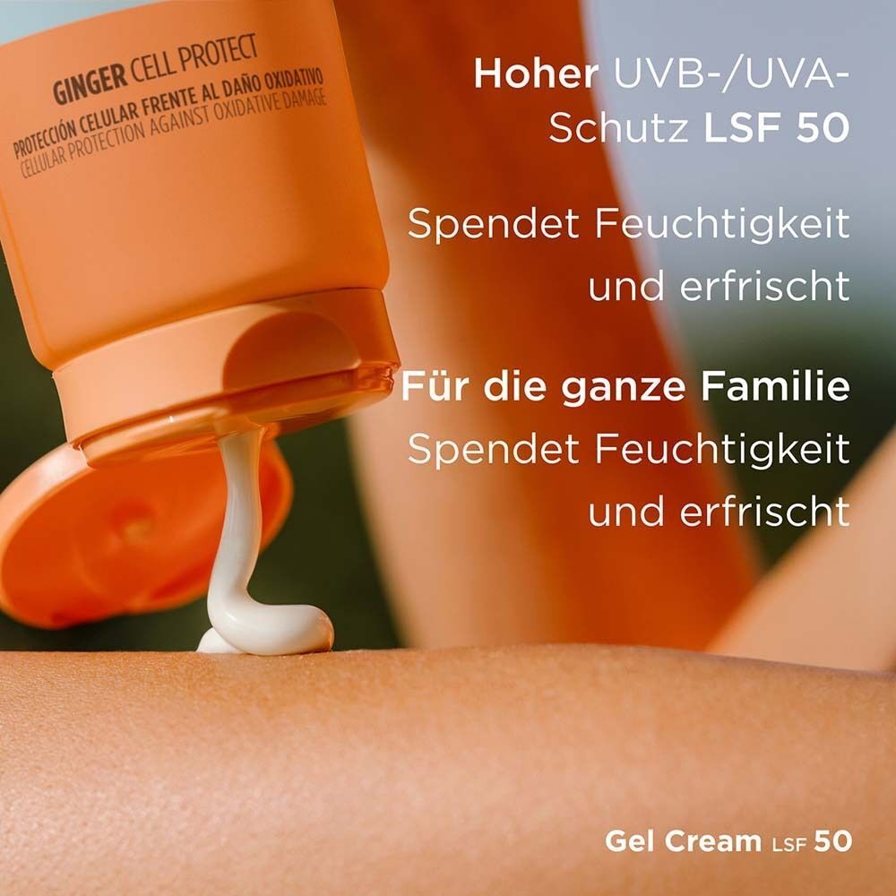 Gel Cream wird auf Haut aufgetragen. Text: Hoher UVB-/UVA-Schutz LSF 50, Spendet Feuchtigkeit und erfrischt, Für die ganze Familie.