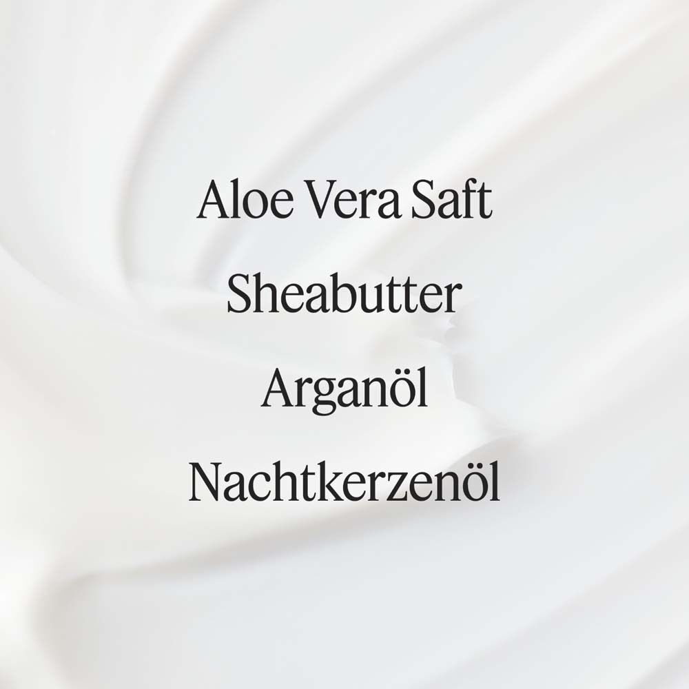 Text auf weißem Hintergrund: Aloe Vera Saft, Sheabutter, Arganöl, Nachtkerzenöl.