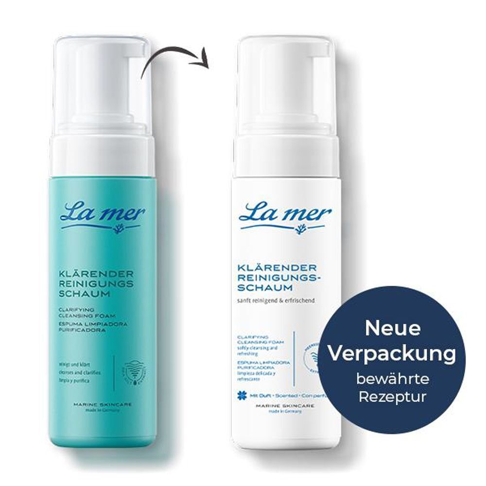 Vergleich von zwei Flaschen. Links: Türkis. Rechts: Weiß. Text: Neue Verpackung, bewährte Rezeptur. La mer Klärender Reinigungsschaum.