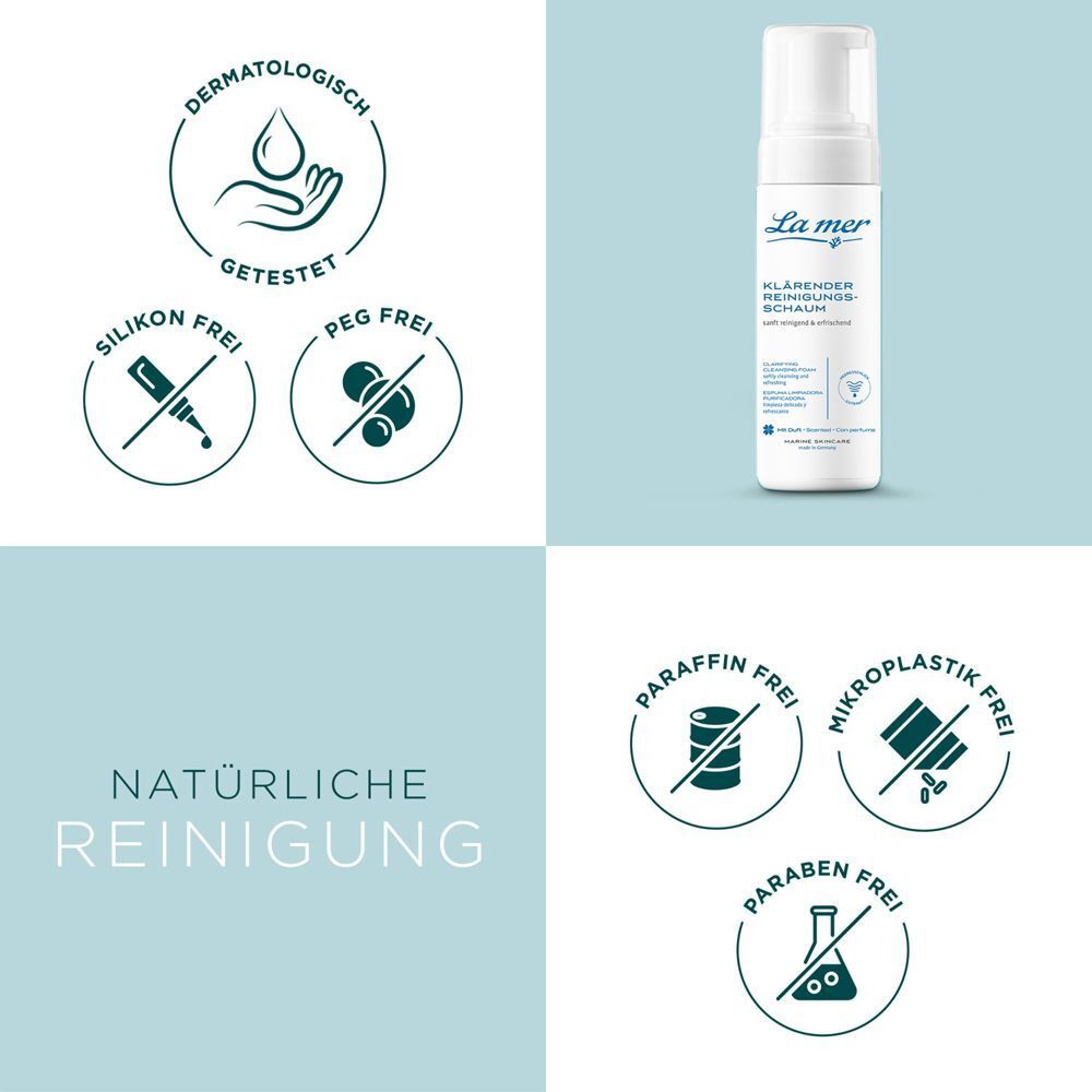 Verschiedene Symbole und eine Flasche Klärender Reinigungsschaum. Symbole: dermatologisch getestet, silikonfrei, PEG-frei, etc.