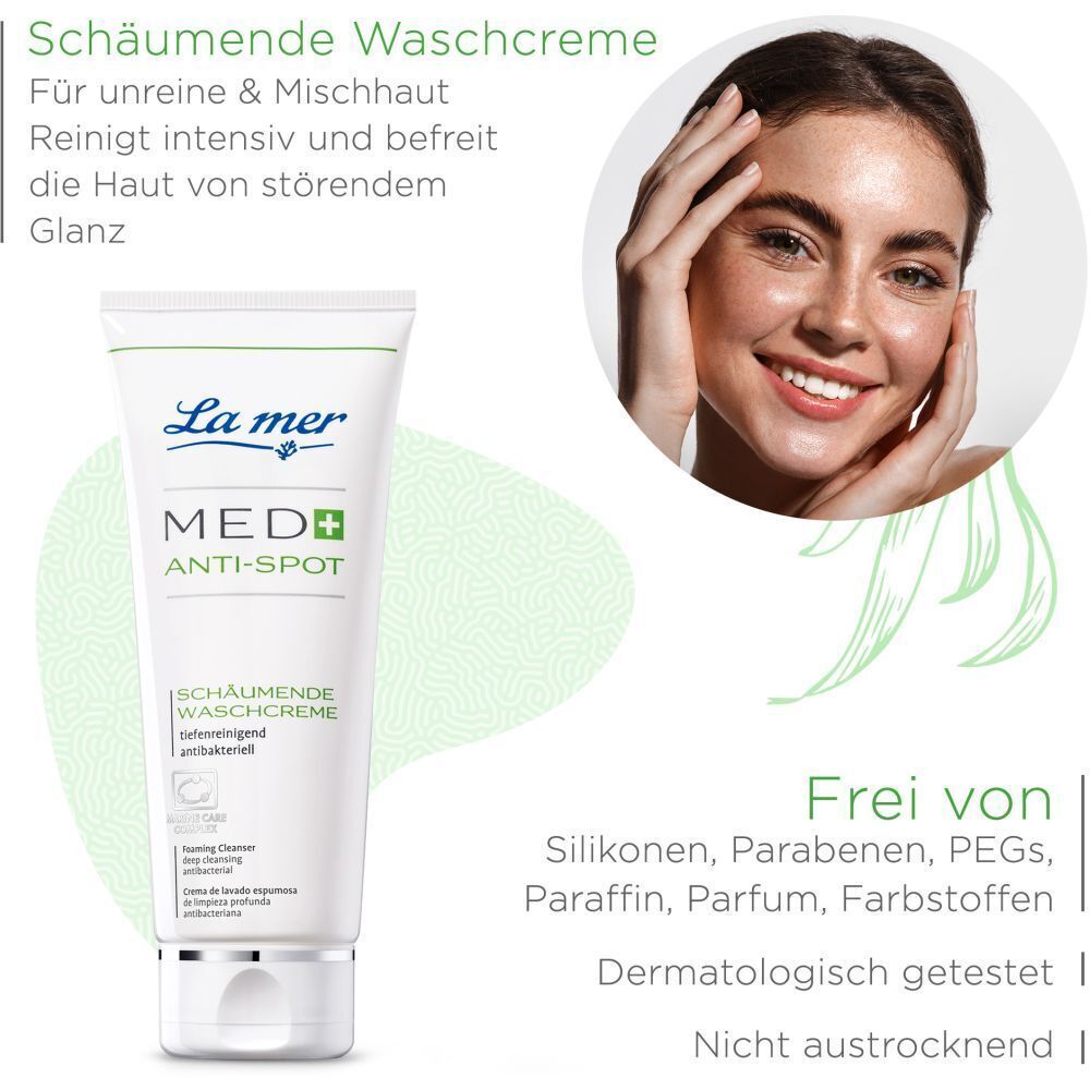 Tube Waschcreme neben Frau. Text: MED+ ANTI-SPOT, schäumende Waschcreme. Frei von: Silikonen, Parabenen, PEGs, Paraffin, Parfum, Farbstoffen.