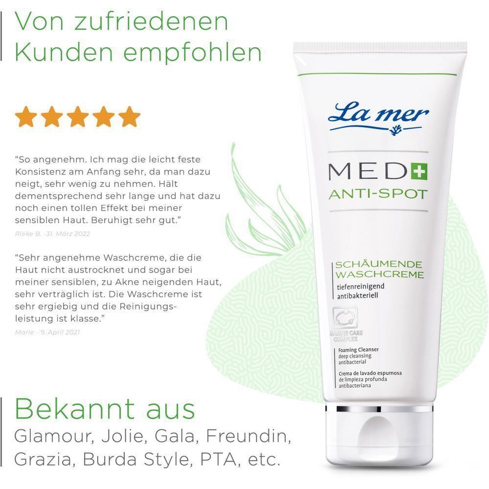 Tube Waschcreme neben Text. Text: Von zufriedenen Kunden empfohlen. Bekannt aus: Glamour, Jolie, Gala, Freundin, Grazia, Burda Style, PTA, etc.