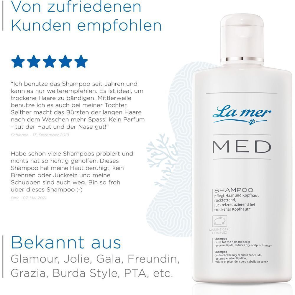 La mer MED SHAMPOO Flasche mit Kundenbewertungen. Zitate von Kunden. Bekannt aus Glamour, Jolie, Gala, Freundin, Grazia, Burda Style, PTA, etc.
