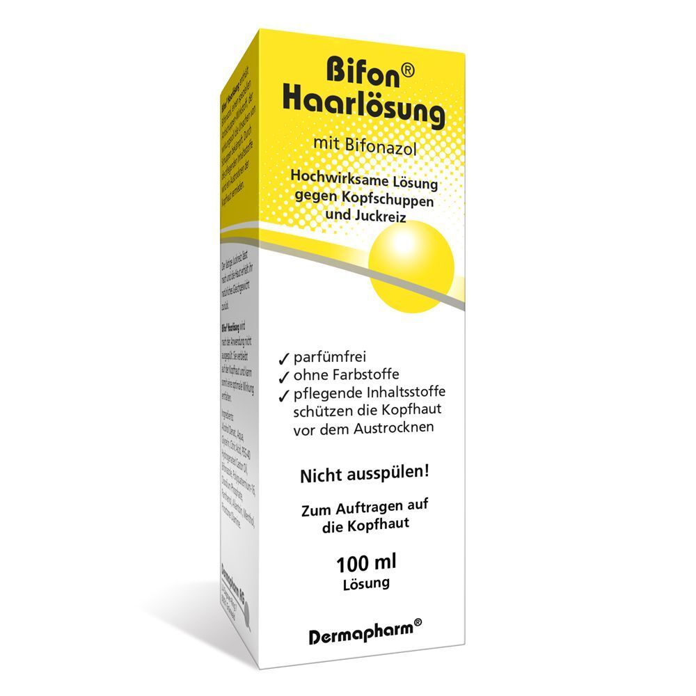 Eine Schachtel BIFON Haarlösung. Gelbe und weiße Verpackung mit Produktnamen und Informationen. Enthält Text über Inhaltsstoffe und Anwendung, sowie die Menge.