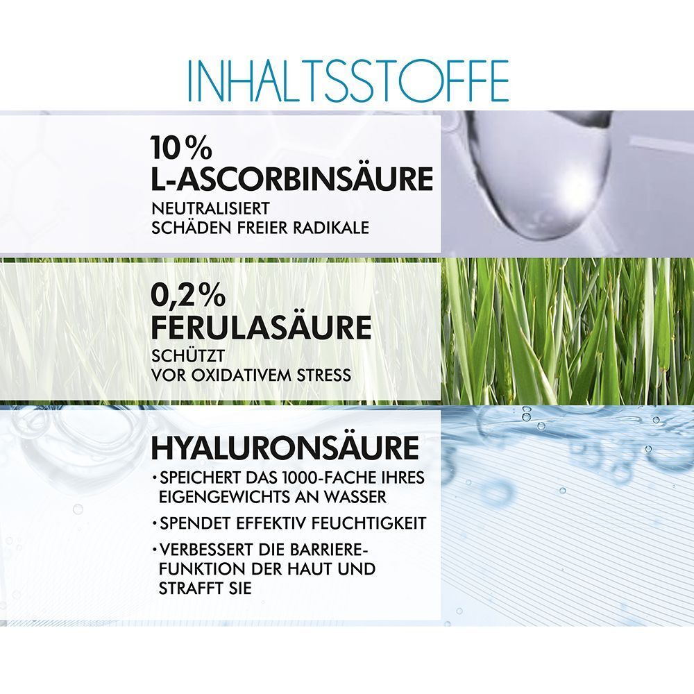 Inhaltsstoffe von Serum 10. Text: 10% L-Ascorbinsäure, 0,2% Ferulasäure, Hyaluronsäure.
