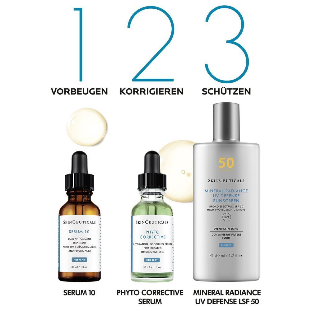 Drei SkinCeuticals Produkte. Serum 10, Phyto Corrective Serum, Mineral Radiance UV Defense LSF 50. Text: Vorbeugen, Korrigieren, Schützen.
