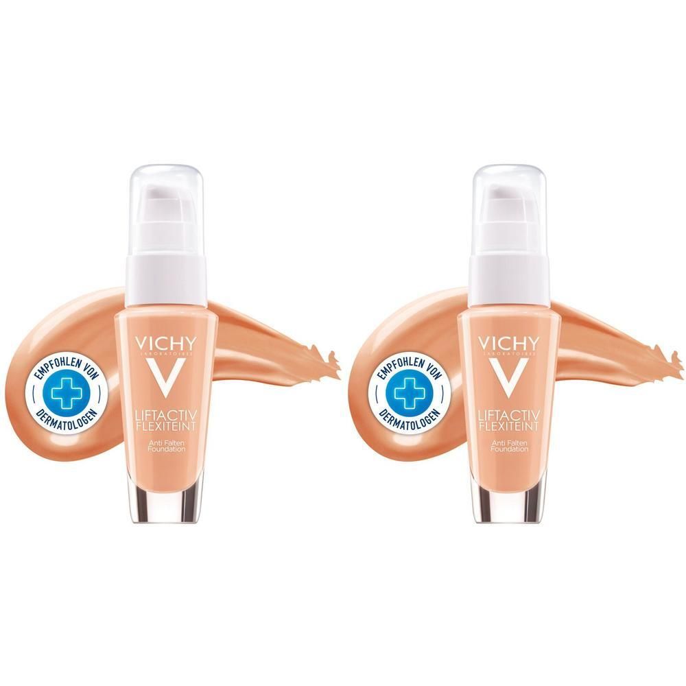 Zwei Flaschen VICHY LIFTACTIV Flexilift Teint 55. Beide mit Dosierpumpe und Farbton. Aufgetragen auf einem Farbklecks.