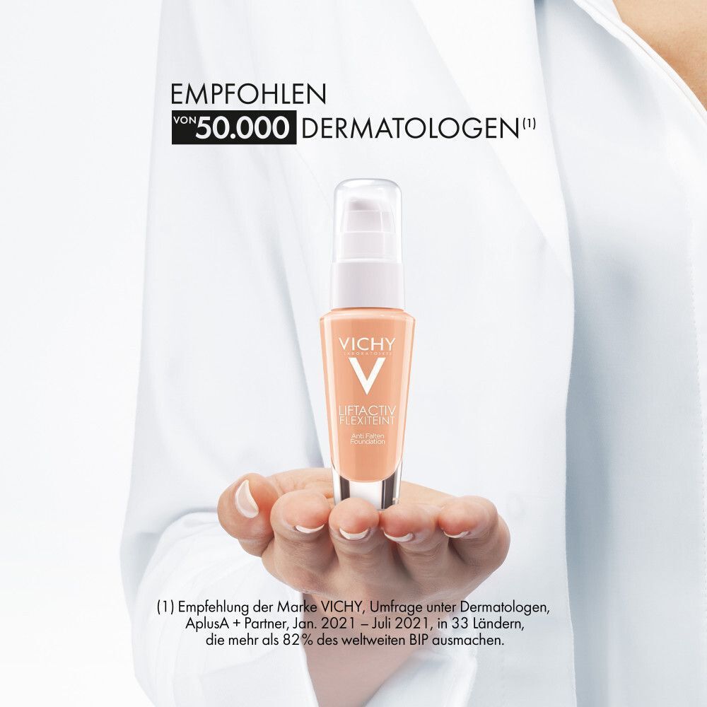 Eine Hand hält eine Flasche VICHY LIFTACTIV Flexilift Teint. Text: Empfohlen von 50.000 Dermatologen.