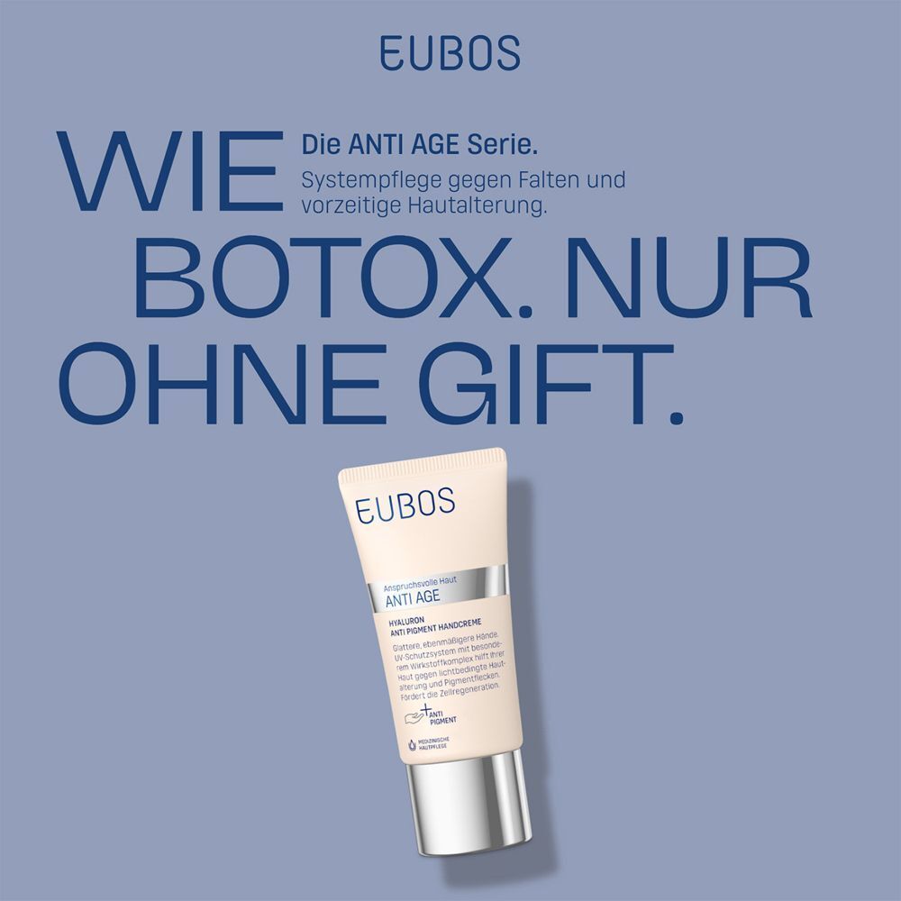 EUBOS Handcreme-Tube. Beige Tube mit silbernem Verschluss. Text: ANTI AGE, HYALURON, ANTI PIGMENT HANDCREME. Hintergrund: blauer Farbverlauf.