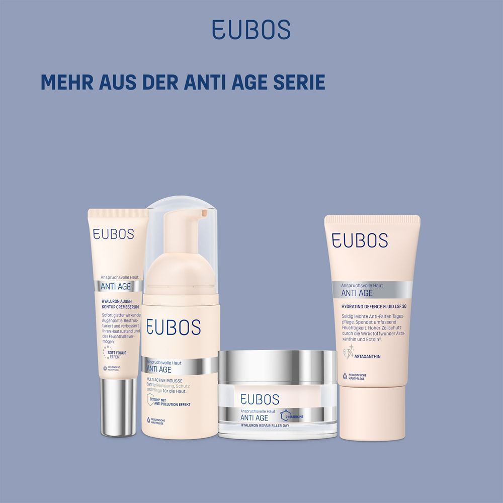 Verschiedene EUBOS Produkte. Handcreme, Schaum, Creme, und eine weitere Creme. Hintergrund: blaue Infografik.
