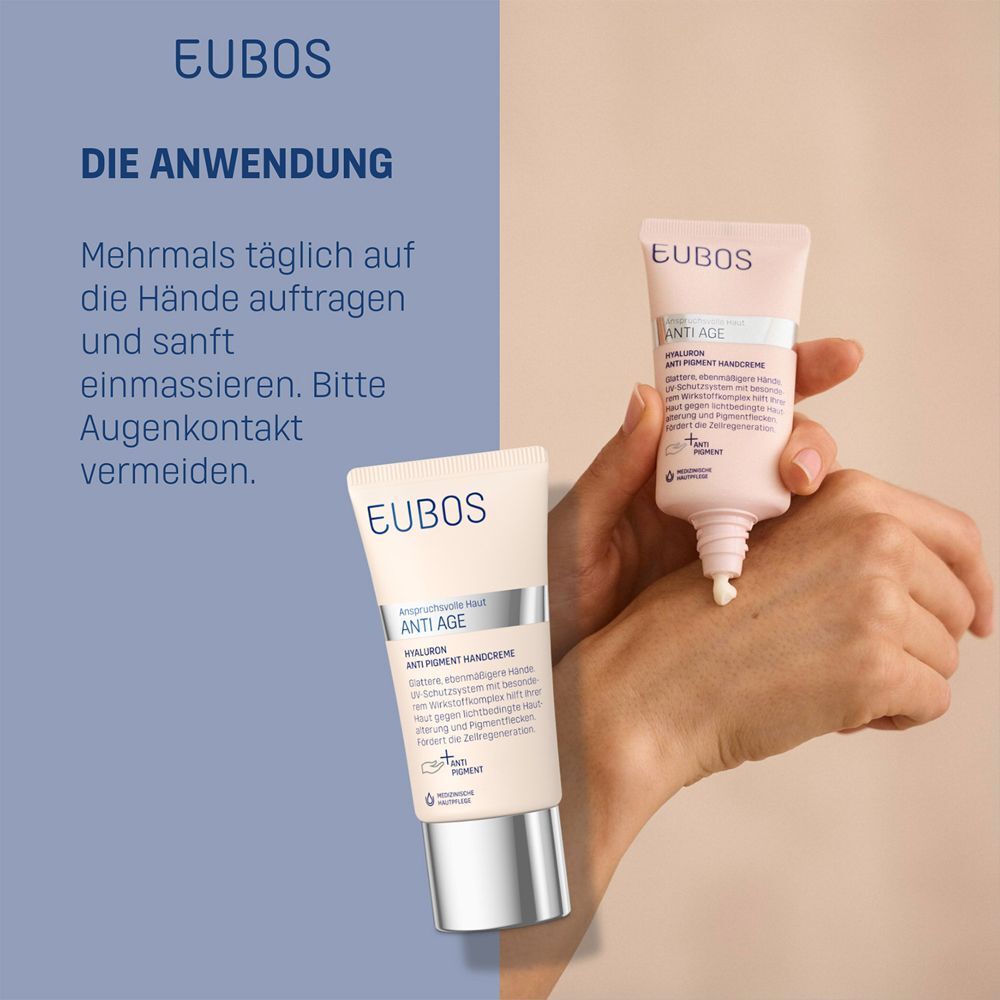 Handcreme-Tuben. Eine Tube wird auf die Hand aufgetragen. Hintergrund: blaue Infografik.