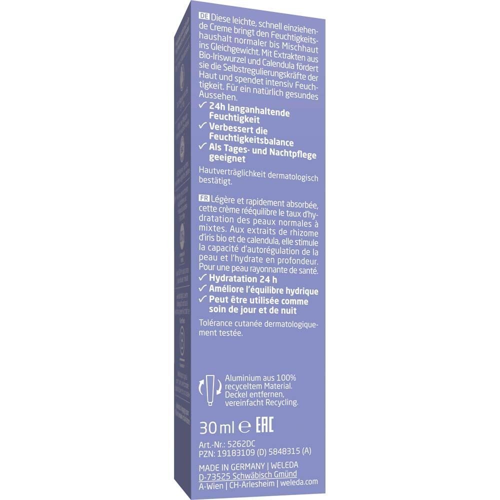 Rückseite der Weleda Iris Feuchtigkeitscreme-Verpackung. Text in Deutsch und Französisch. 30ml Tube. Aluminium aus 100% recyceltem Material.
