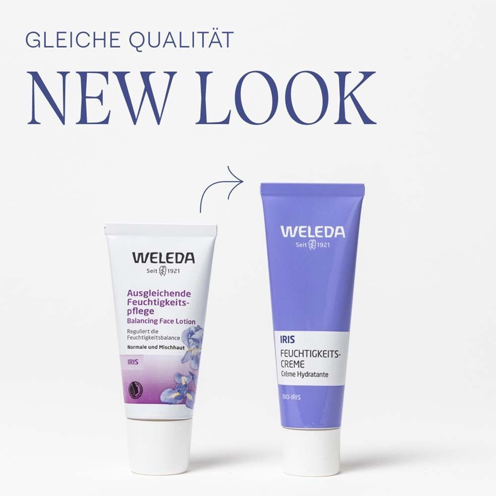 Vergleich von alter und neuer Weleda Iris Feuchtigkeitscreme. Links: alte Tube. Rechts: neue Tube. Beide mit Iris-Blüten-Illustration.