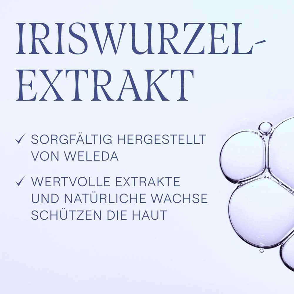 Text: Iriswurzel-Extrakt. Sorgfältig hergestellt von Weleda. Wertvolle Extrakte und natürliche Wachse schützen die Haut.