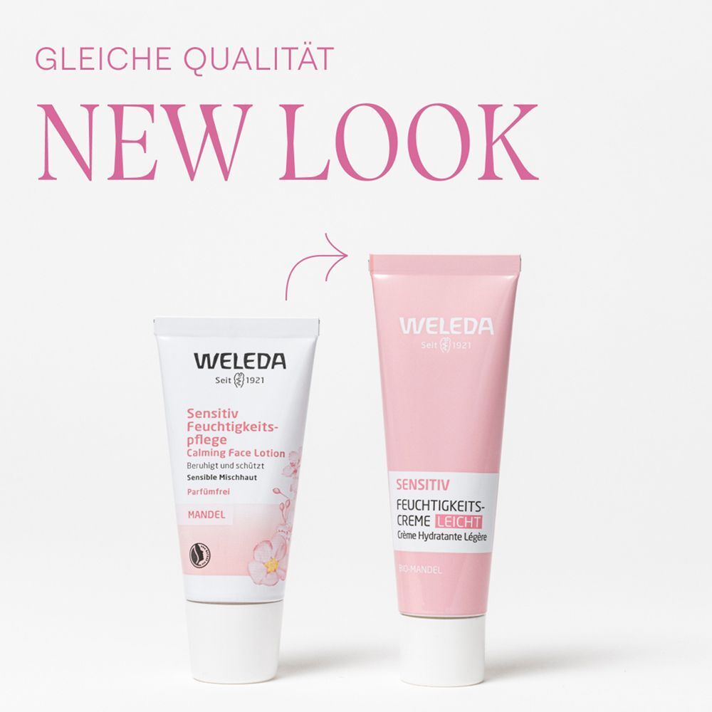 Vergleich von alter und neuer Verpackung der Weleda Sensitiv Feuchtigkeitscreme Leicht. Neue Verpackung in Rosa.