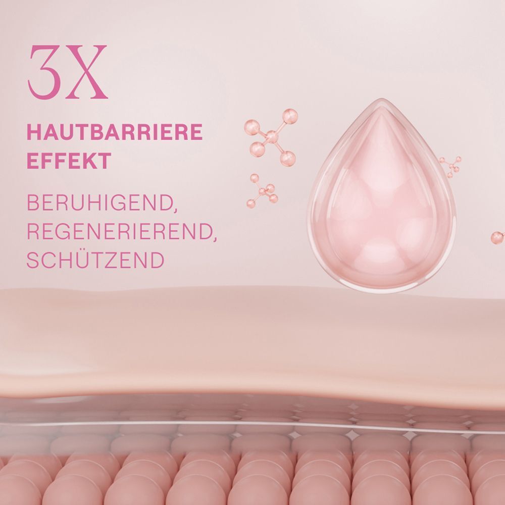 Grafik: 3X Hautbarriere Effekt. Tropfen-Illustration. Text: Beruhigend, regenerierend, schützend.