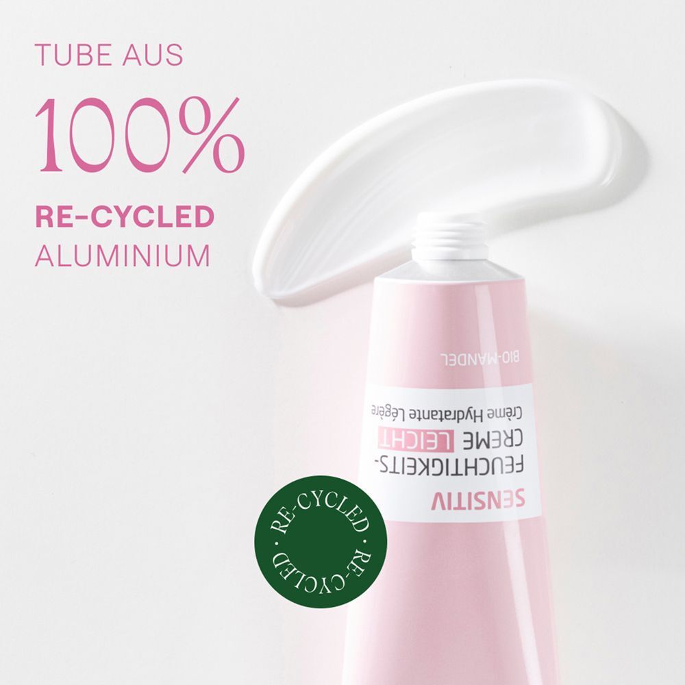 Tube Weleda Sensitiv Feuchtigkeitscreme Leicht aus recyceltem Aluminium. Grünes Siegel.