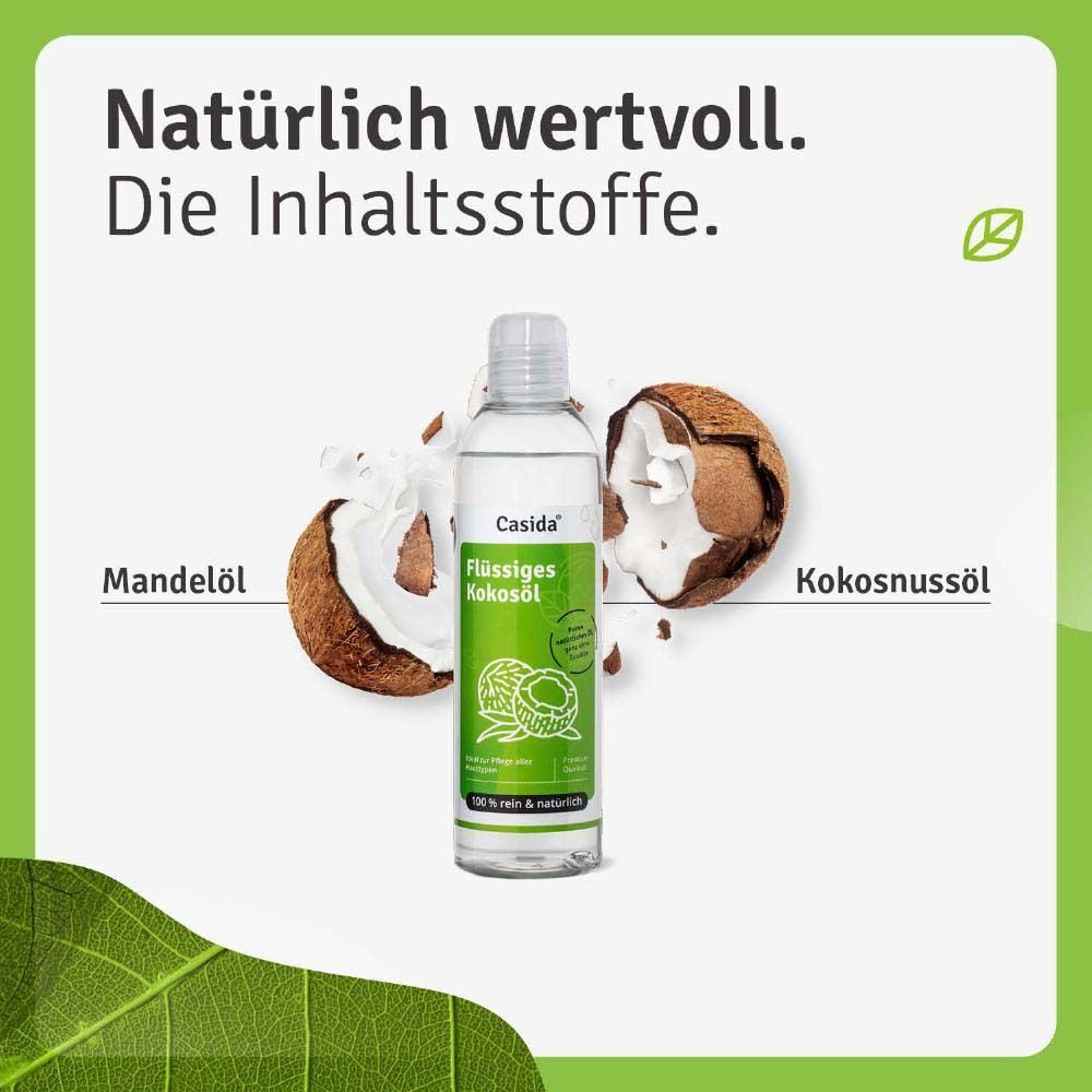 Eine Flasche Casida Flüssiges Kokosöl, umgeben von Kokosnuss und Mandelöl. Text: Natürliche Inhaltsstoffe.