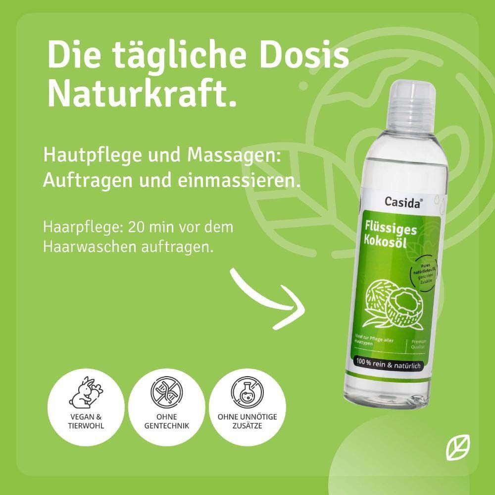 Eine Flasche Casida Flüssiges Kokosöl. Text: Hautpflege und Massage, Haarpflege. Symbole: Vegan, ohne Gentechnik, ohne Zusätze.
