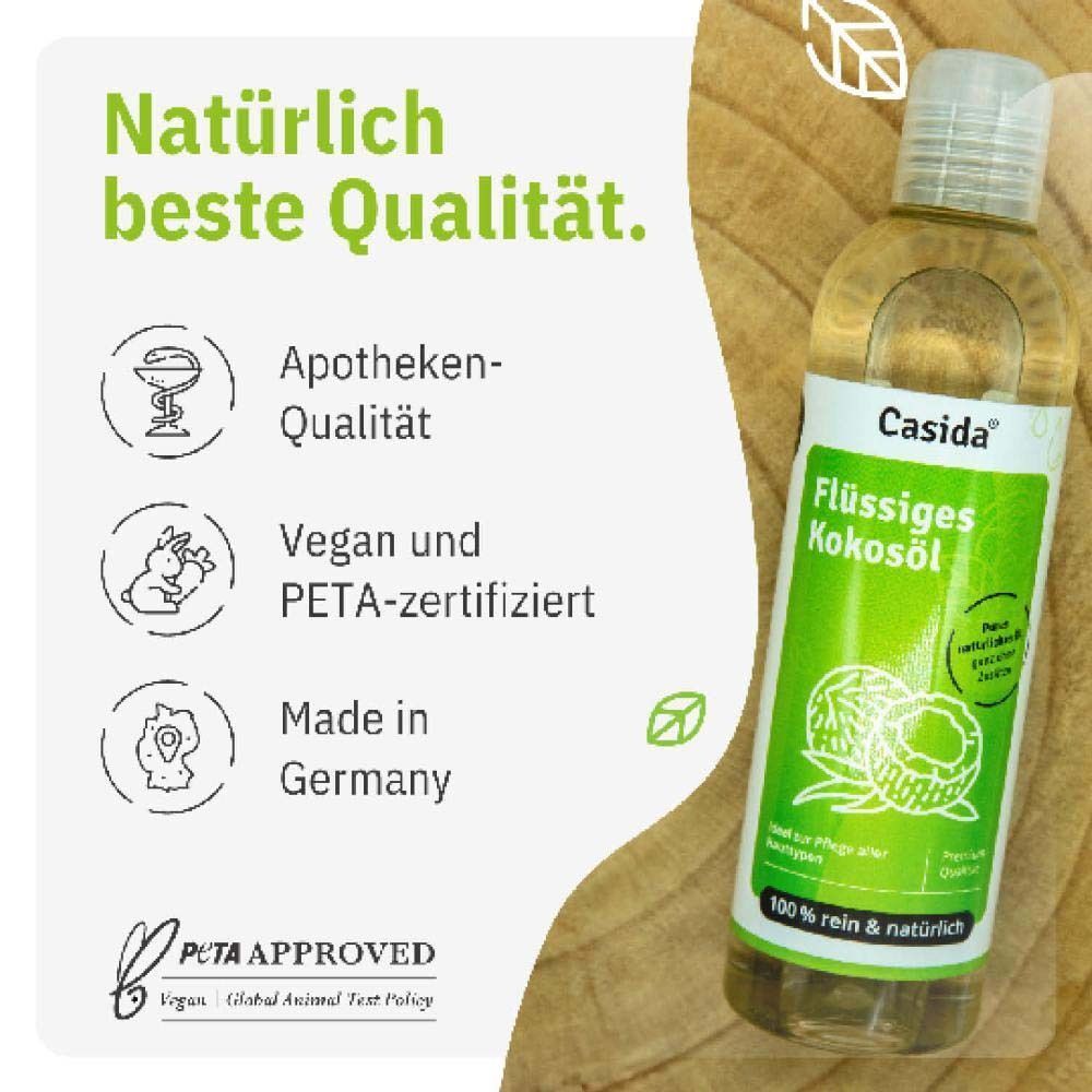 Eine Flasche Casida Flüssiges Kokosöl. Text: Apotheken-Qualität, vegan und PETA-zertifiziert, Made in Germany. PETA-Logo.