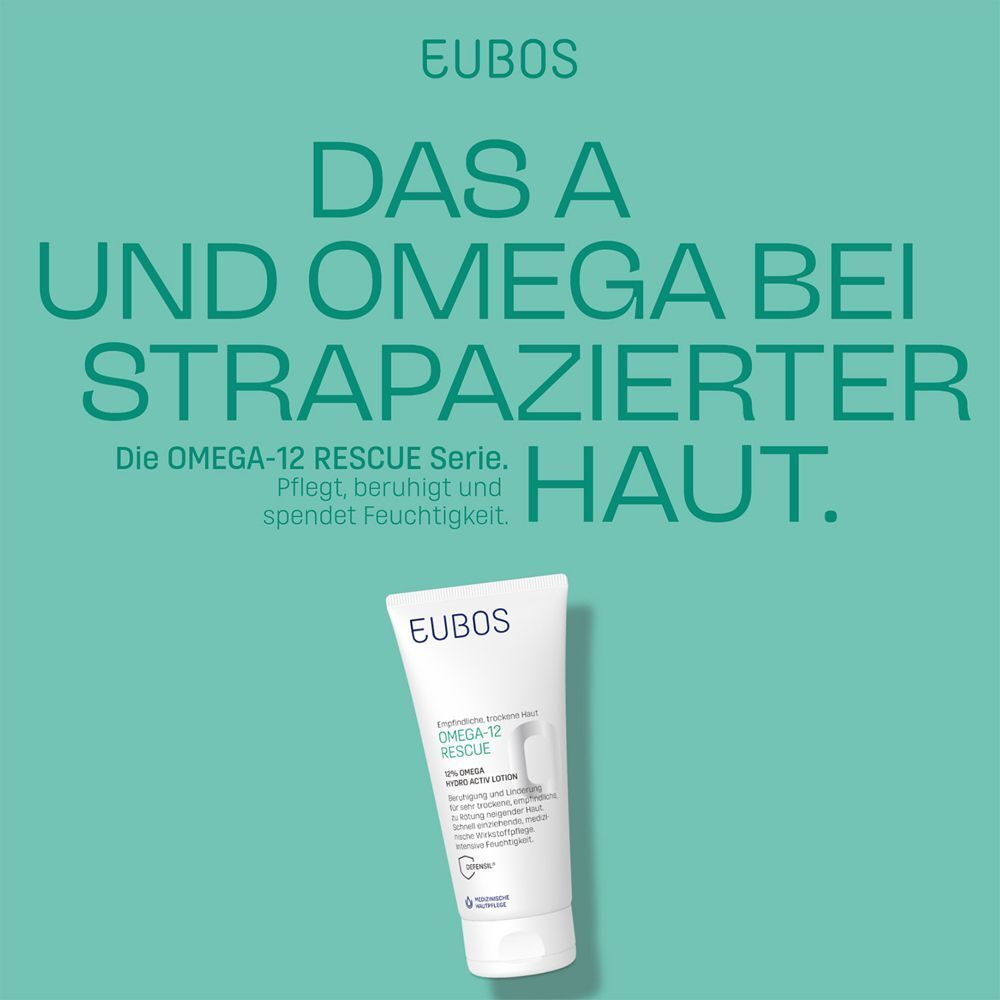 EUBOS Omega-12 Rescue Lotion auf türkisfarbenem Hintergrund. Text: Die Omega-12 Rescue Serie. Pflegt, beruhigt und spendet Feuchtigkeit.