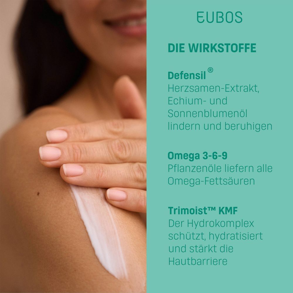 Person zeigt Creme auf Schulter. Text: Wirkstoffe: Defensil, Omega 3-6-9, Trimoist KMF. EUBOS Logo.