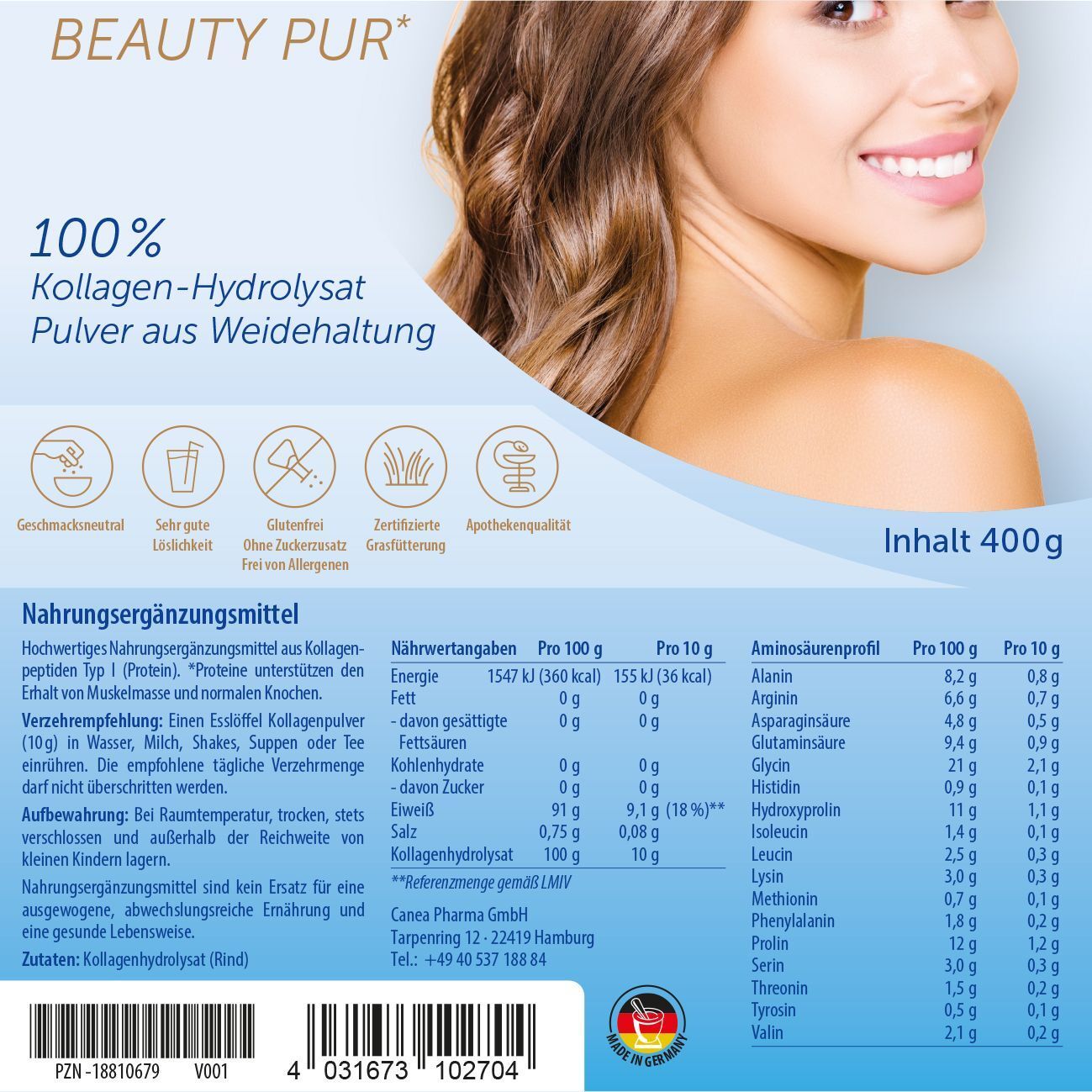 Collagen Beauty 100% Kollagen Hydrolysat Pulver aus Weidetierhaltung