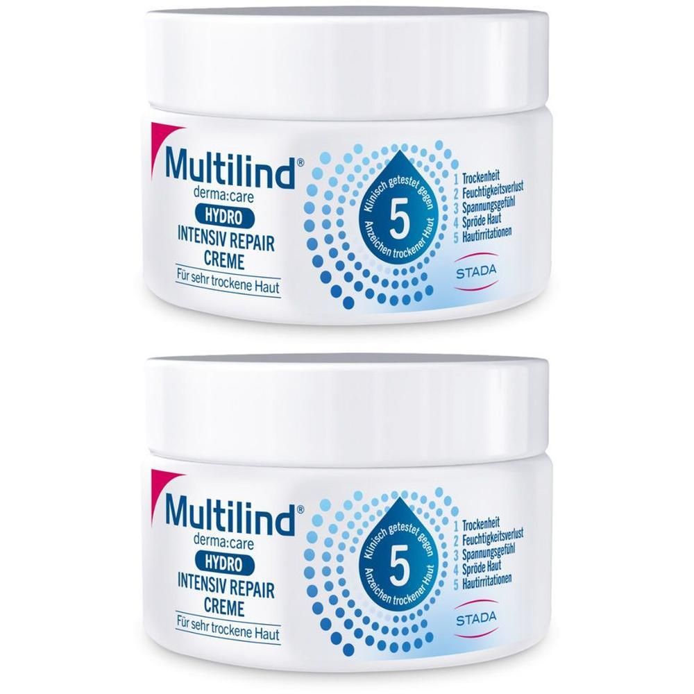 Zwei Tiegel MULTILIND DermaCare Hydro Intensiv Repair Creme. Weiße Tiegel mit blauer Beschriftung und Logo.