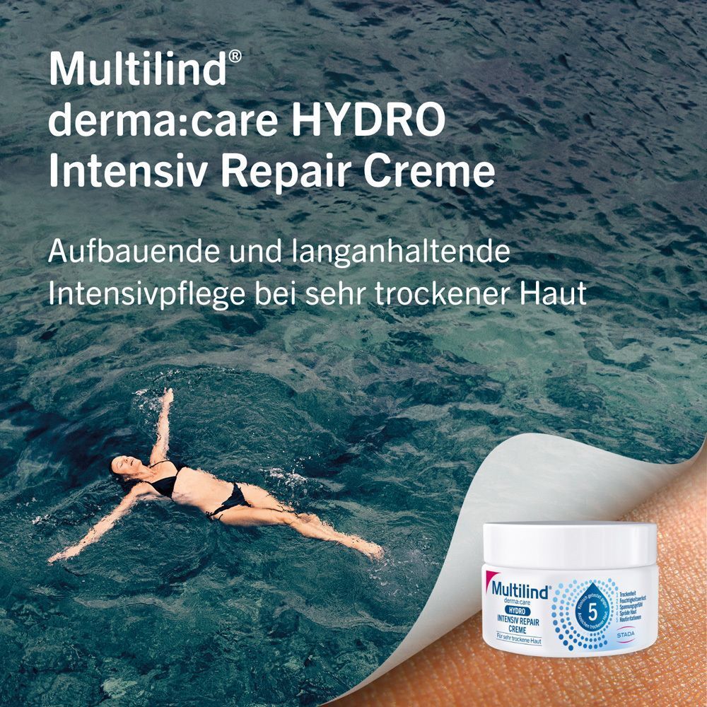 MULTILIND DermaCare Hydro Intensiv Repair Creme. Frau schwimmt im Wasser. Produkt in der Ecke.