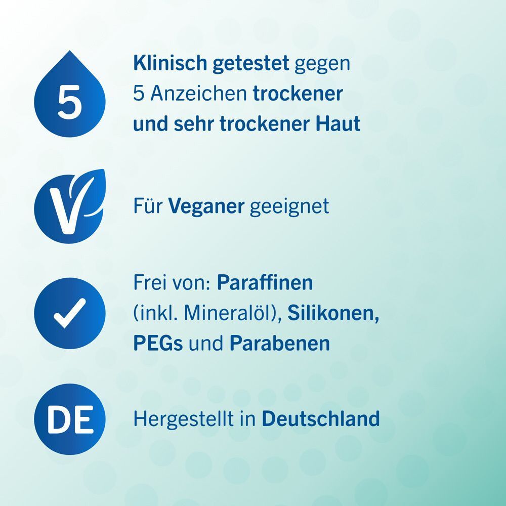 Text: Klinisch getestet gegen 5 Anzeichen trockener Haut. Vegan. Frei von Paraffinen, Silikonen, PEGs und Parabenen. Hergestellt in Deutschland.
