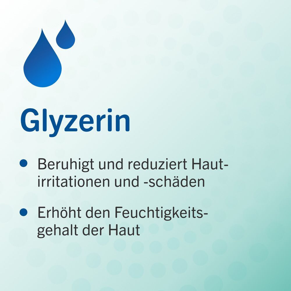 Glycerin. Beruhigt und reduziert Hautreizungen. Erhöht den Feuchtigkeitsgehalt der Haut.