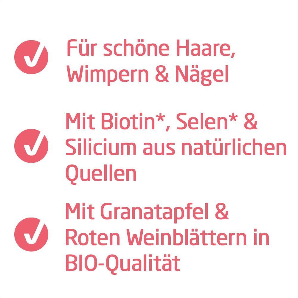 Text mit den Vorteilen des Produkts: Für schöne Haare, Wimpern & Nägel. Mit Biotin, Selen & Silicium. Bio-Qualität.