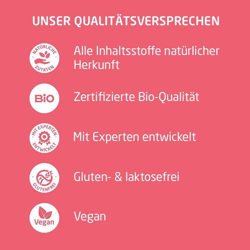 Text mit Qualitätsversprechen: Natürliche Zutaten, Bio-Qualität, mit Experten entwickelt, gluten- & laktosefrei, vegan.