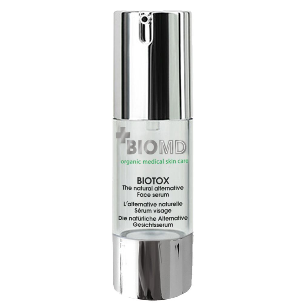 BioMD Biotox Gesichtsserum Flasche. Transparent, silberne Kappe und Pumpe. Text: BIOMD, Biotox, The natural alternative, 30 ml.